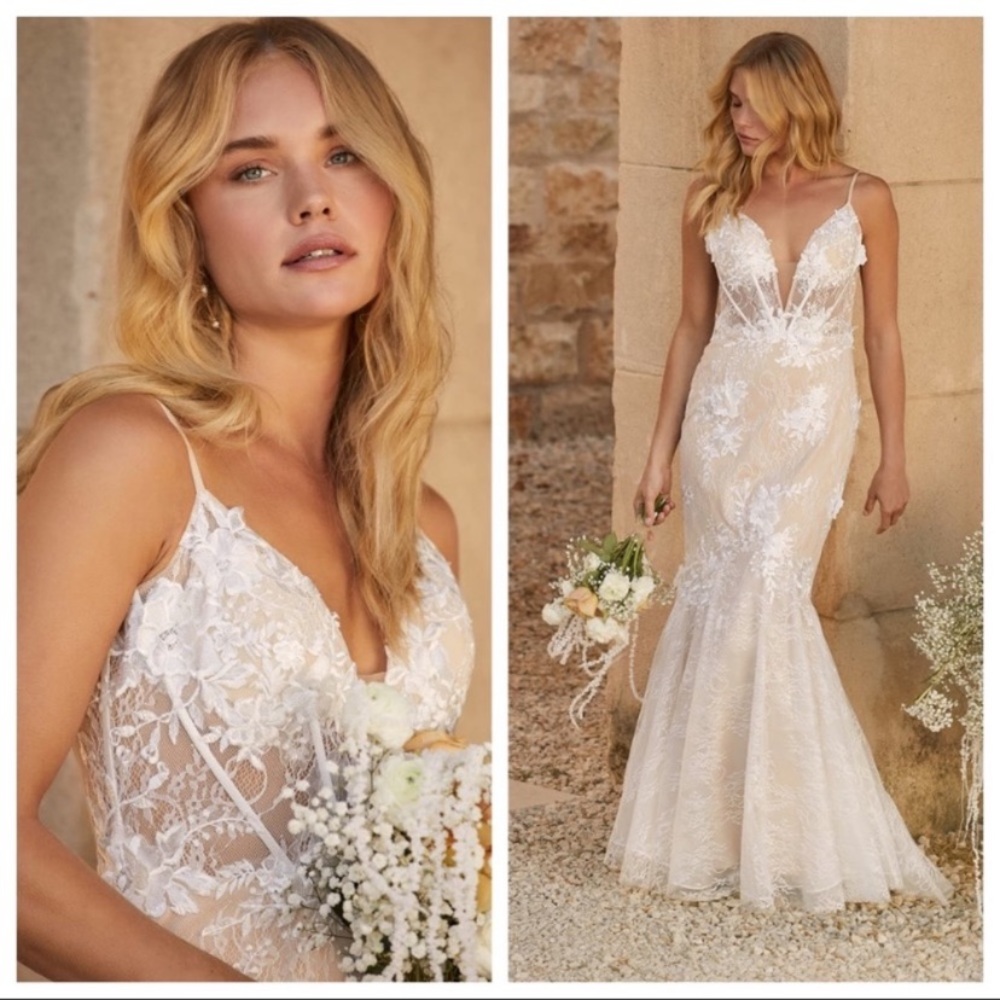 NWOT Lulus Luxe To Be Loved White Embroidered Lace Trumpet Maxi Dress